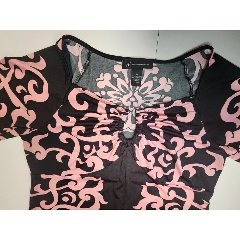 INC International Concepts Geo Black Pink Print Empire Dress Medium Casual Chic - Picture 3 of 10